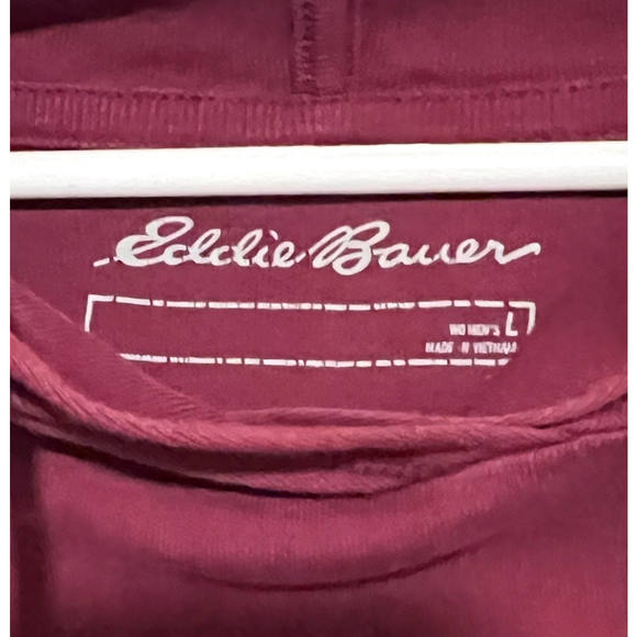 Eddie Bauer Top Womens Large Hoodie Tee Cranberry Red Stripe Sleeve Cotton Shirt - Picture 5 of 5